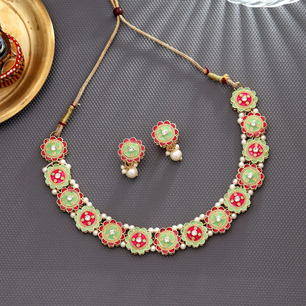 Rani & Pista Green Color Meenakari Necklace Set Ethnic Wear