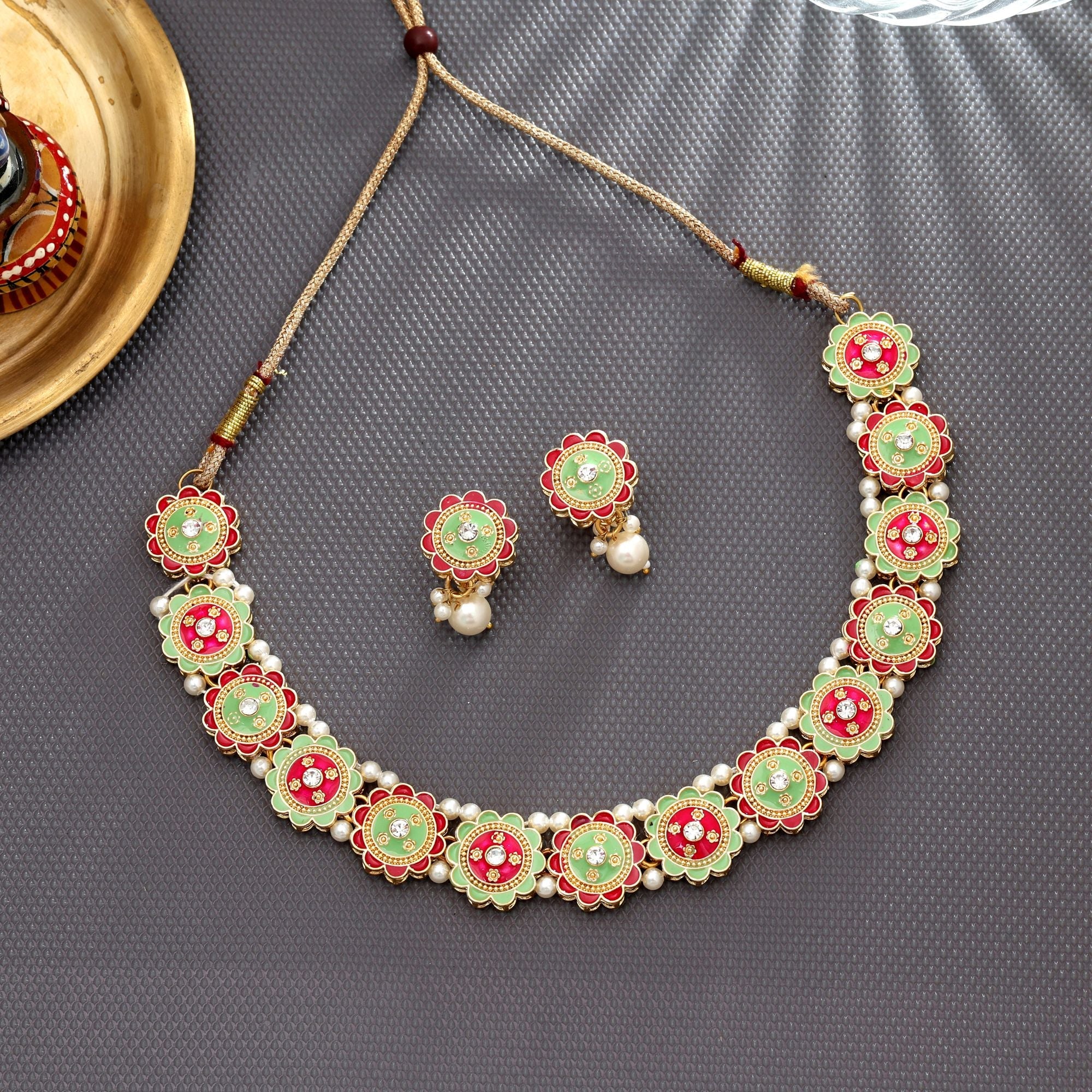 Rani & Pista Green Color Meenakari Necklace Set Ethnic Wear