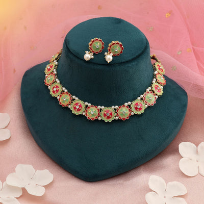 Rani & Pista Green Color Meenakari Necklace Set Ethnic Wear