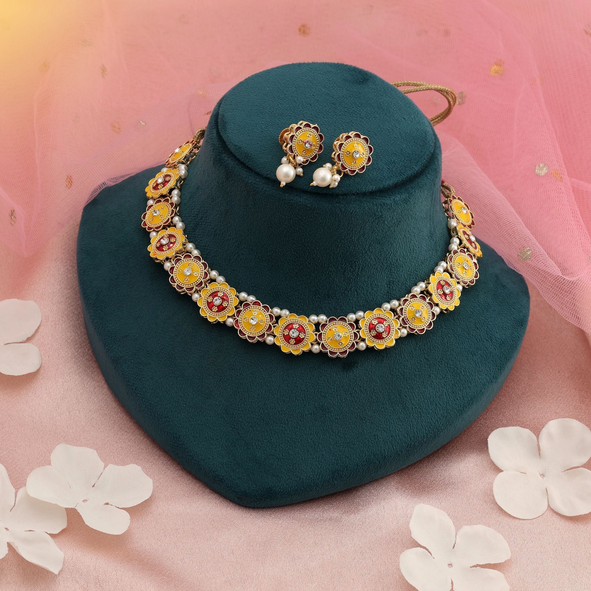 Yellow & Red Color Meenakari Necklace Set Traditional