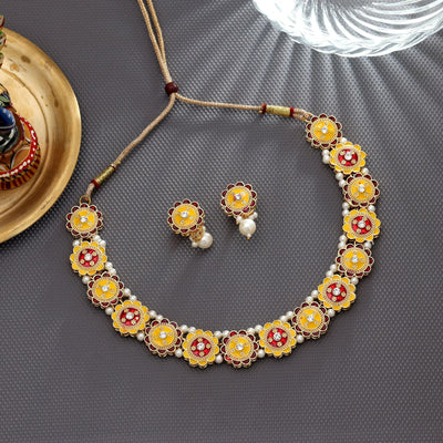 Yellow & Red Color Meenakari Necklace Set Traditional