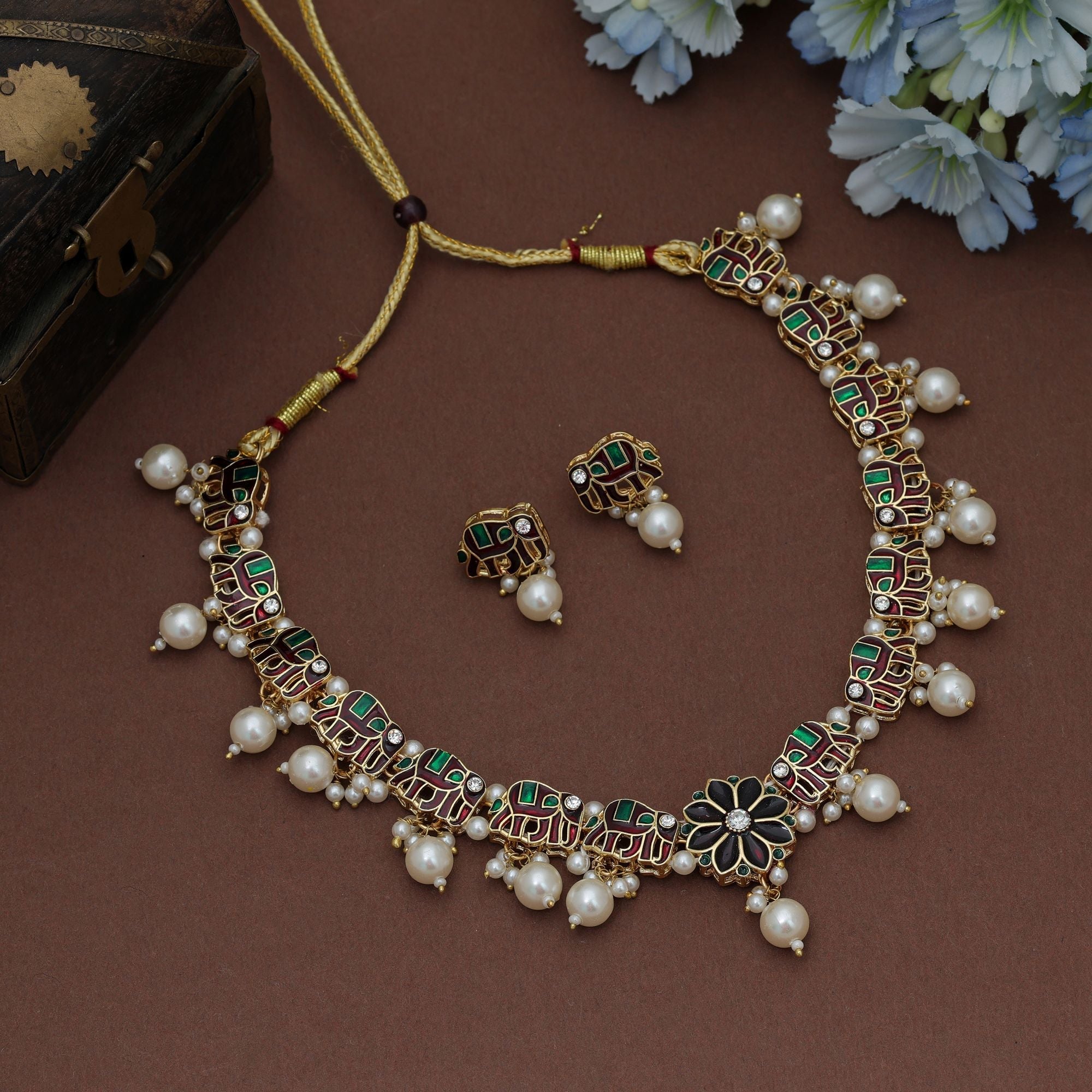 Maroon & Green Meenakari Necklace Set
