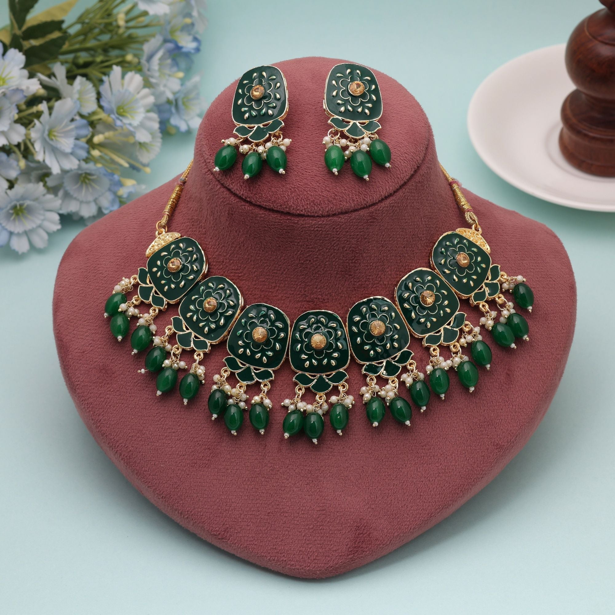 Green Color Meenakari Necklace Set Stylish Meenakari Work