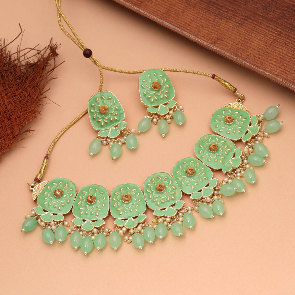 Light Green Color Meenakari Necklace Set Festive Style