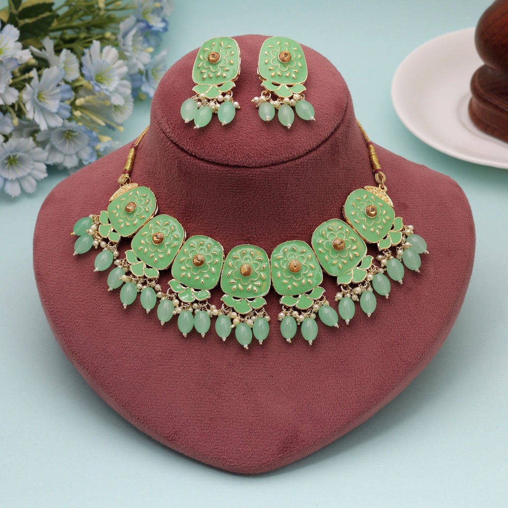 Light Green Color Meenakari Necklace Set Festive Style