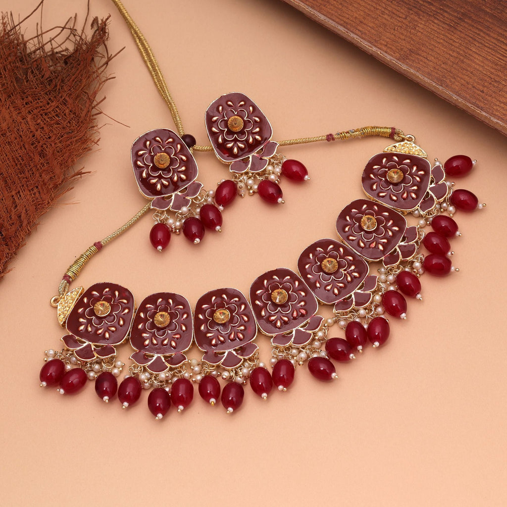 Maroon Color Meenakari Necklace Set Ethnic Jewelry Style