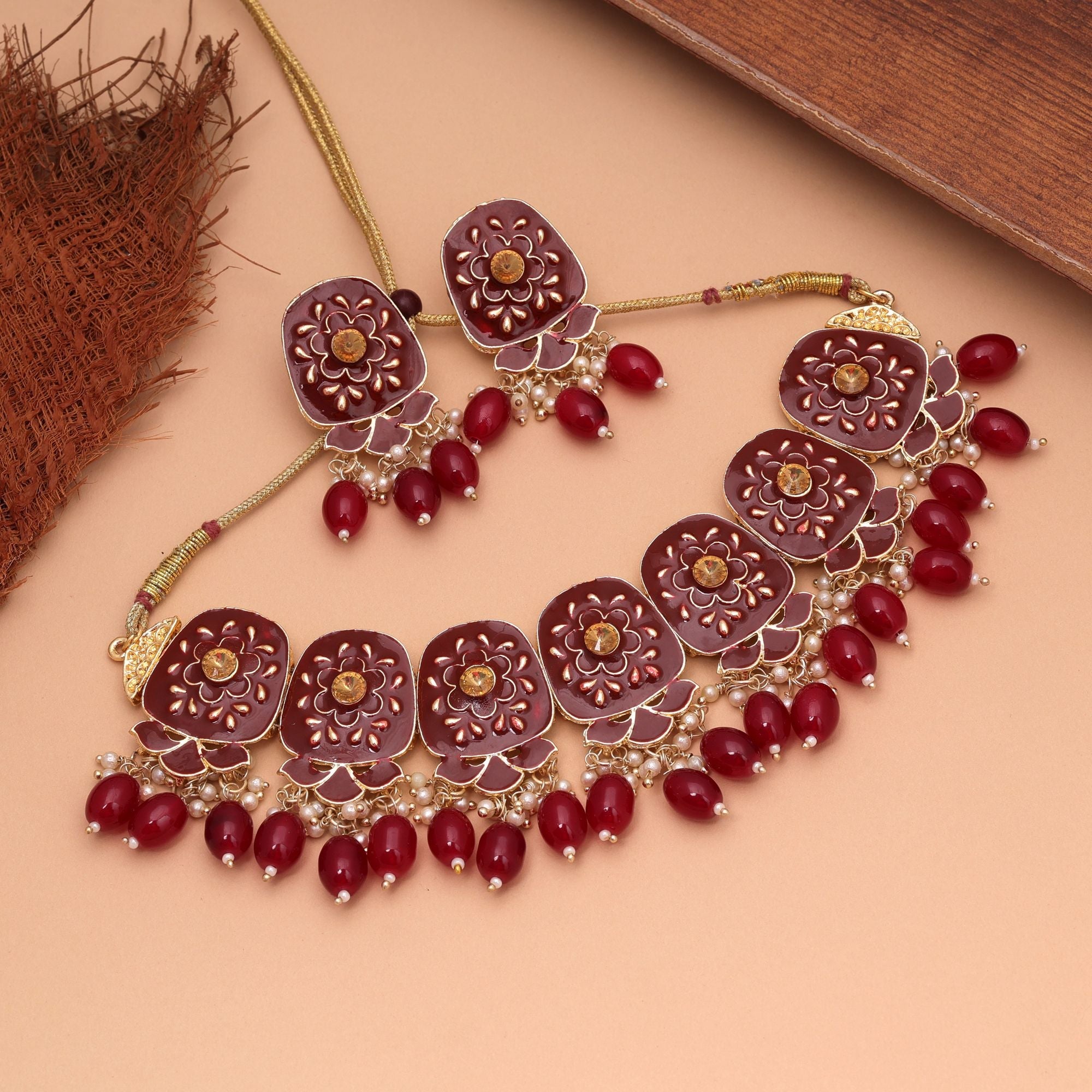 Maroon Color Meenakari Necklace Set Ethnic Jewelry Style