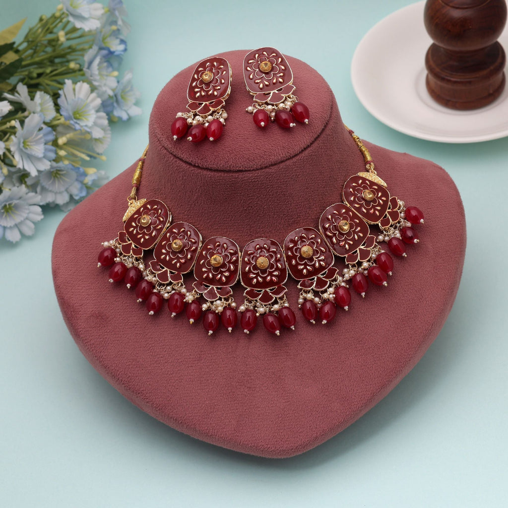 Maroon Color Meenakari Necklace Set Ethnic Jewelry Style