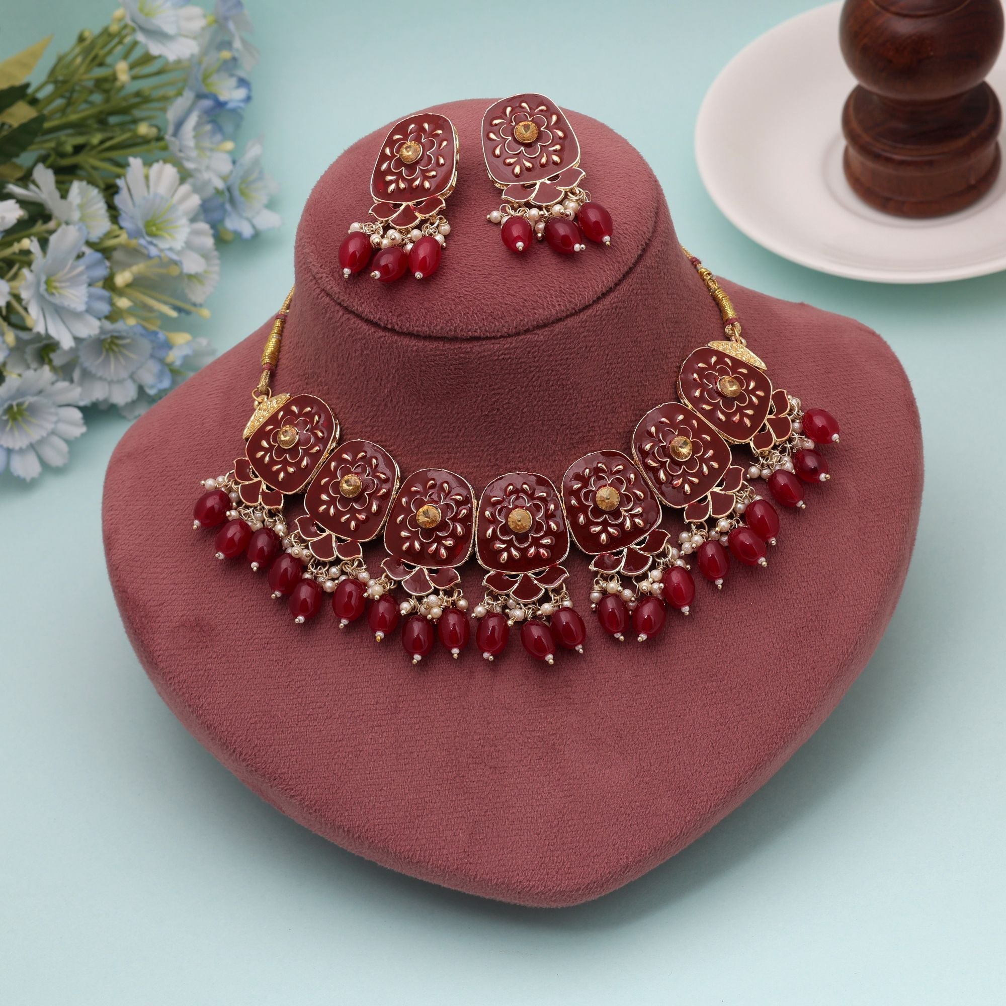 Maroon Color Meenakari Necklace Set Ethnic Jewelry Style