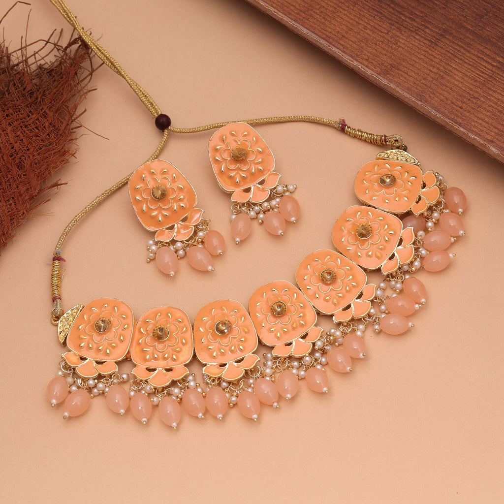 Orange Color Meenakari Necklace Set Traditional Design