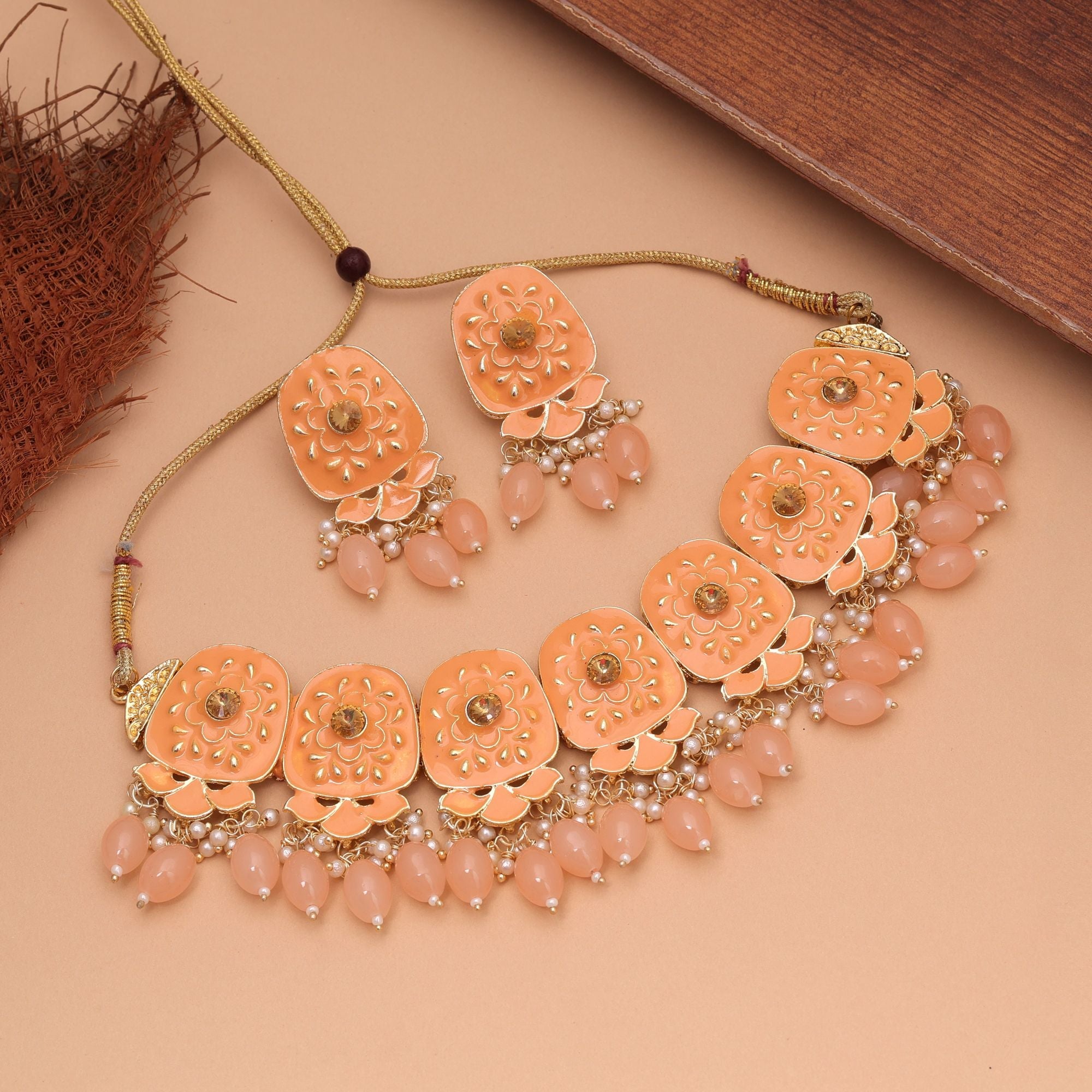 Orange Color Meenakari Necklace Set Traditional Design