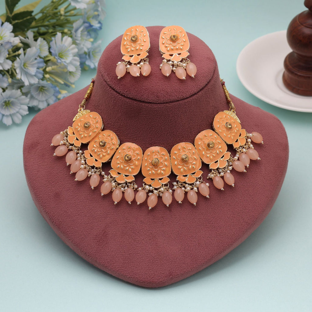 Orange Color Meenakari Necklace Set Traditional Design