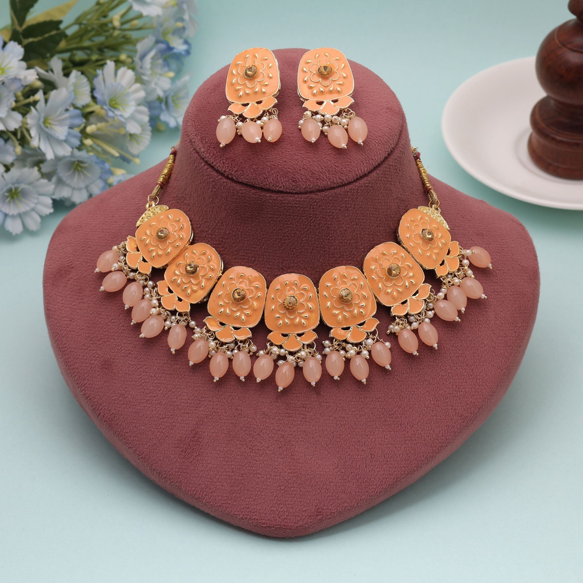 Orange Color Meenakari Necklace Set Traditional Design