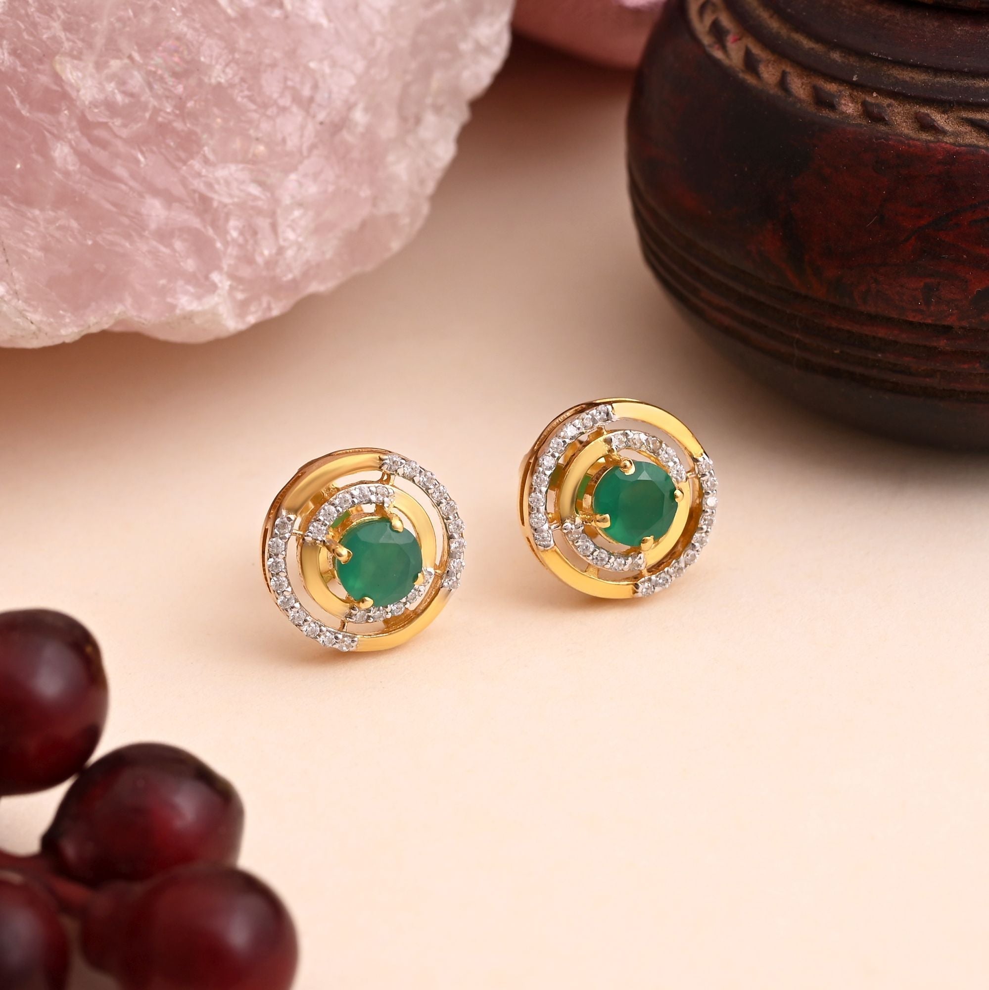 Green Color 925 Gold Plated Silver Stud Earrings (OME111GRN)