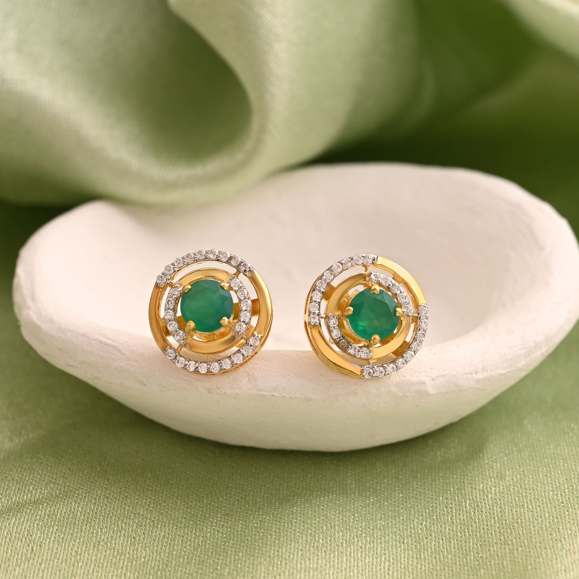 Green Color 925 Gold Plated Silver Stud Earrings (OME111GRN)