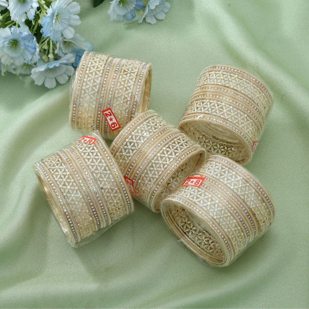 Gold Color 5 Set Of Bangle Size: (2 Set Of 2.4, 1 Set Of 2.6, 2 Set Of 2.8)