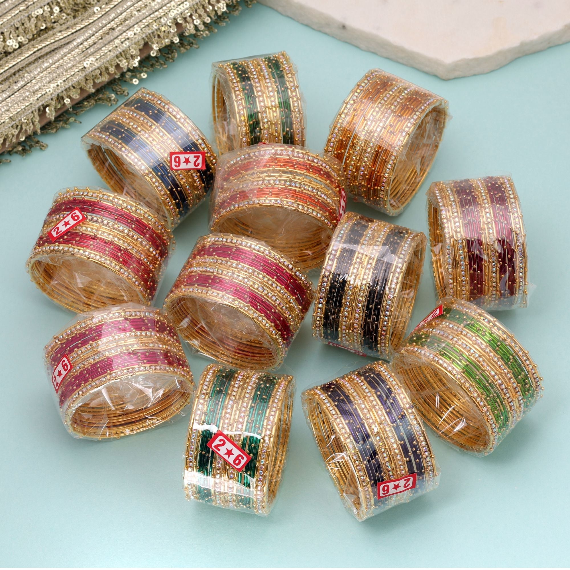 Assorted Color 12 Set Metal Bangles Traditional Design