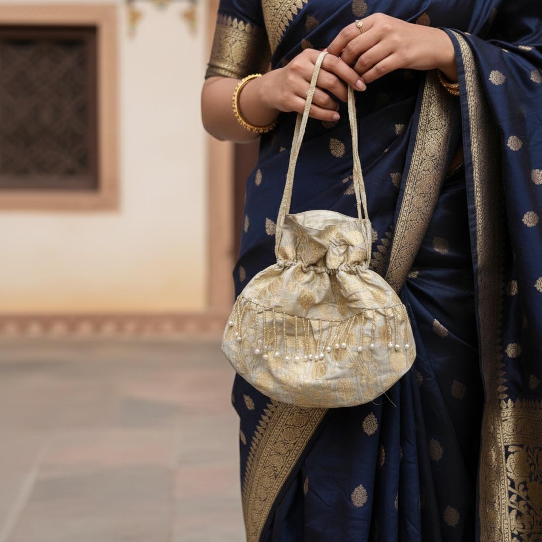 Beige Color Art Silk Potli Bag (PTB102BEG)