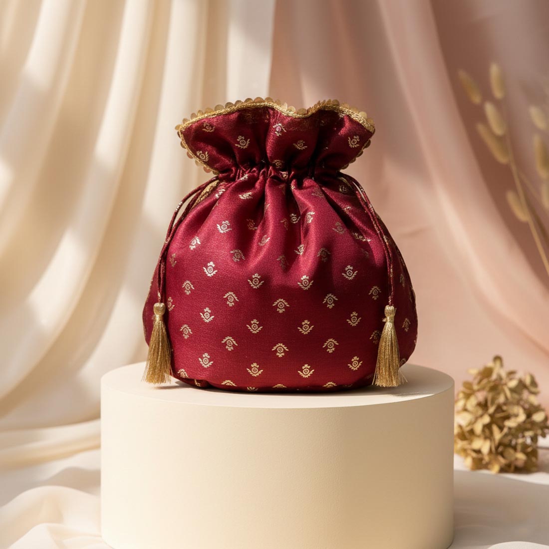 Maroon Color Net Silk Potli Bag (PTB103MRN)