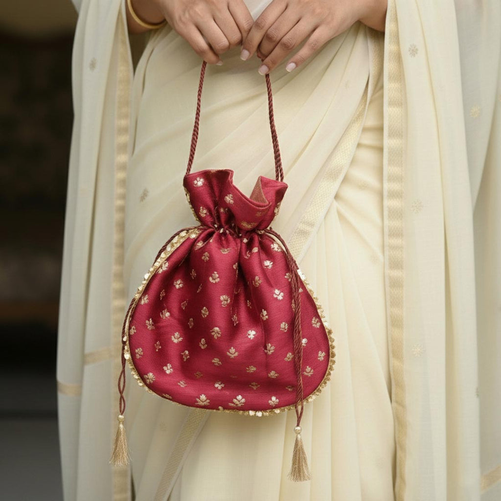 Maroon Color Net Silk Potli Bag (PTB103MRN)