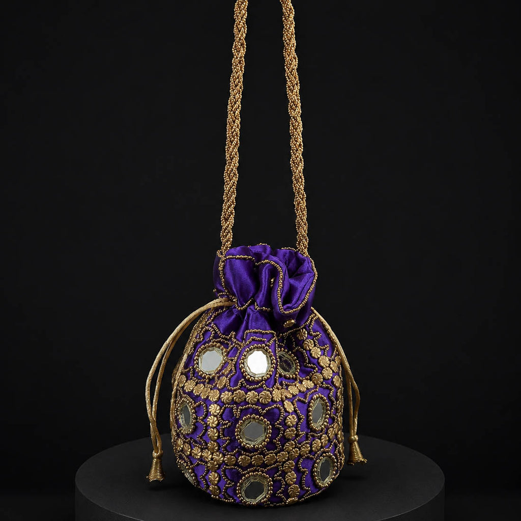 Purple Color Mirror Work Handbag Potli