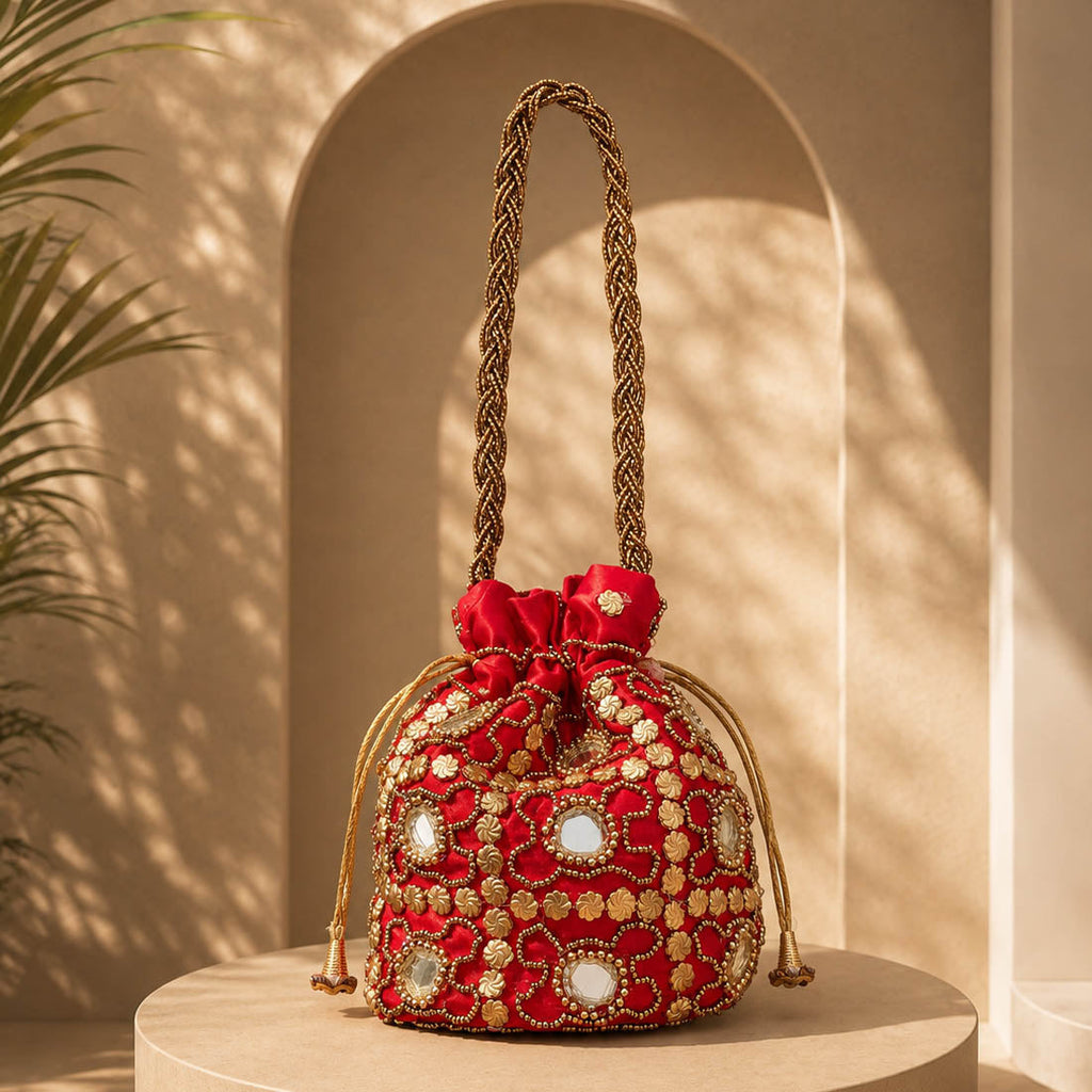 Red Color Mirror Work Handbag Potli