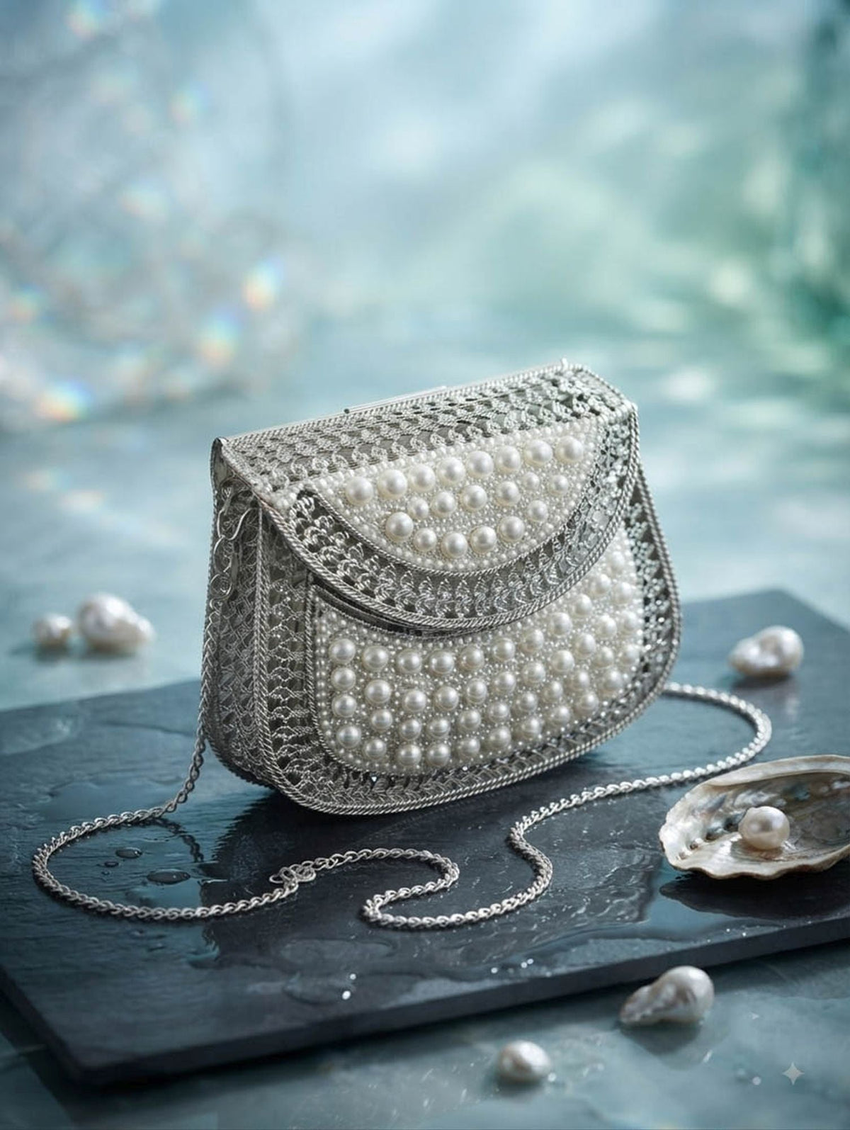 Silver & White Color Pearl Embellished Mini Clutch Bag Designer Fashion Appeal