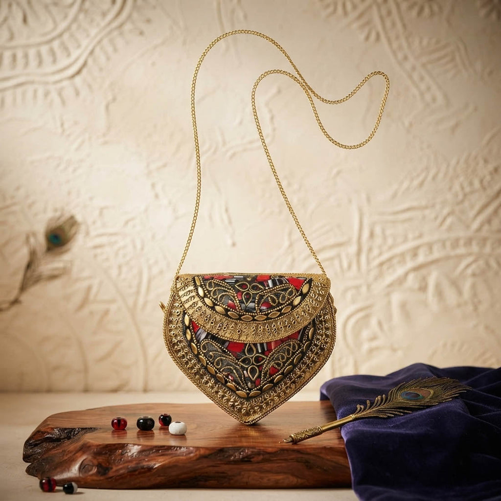 Exquisite Bridal Gold Color Kundan Work Metal Handmade Golden Party Clutch Bag