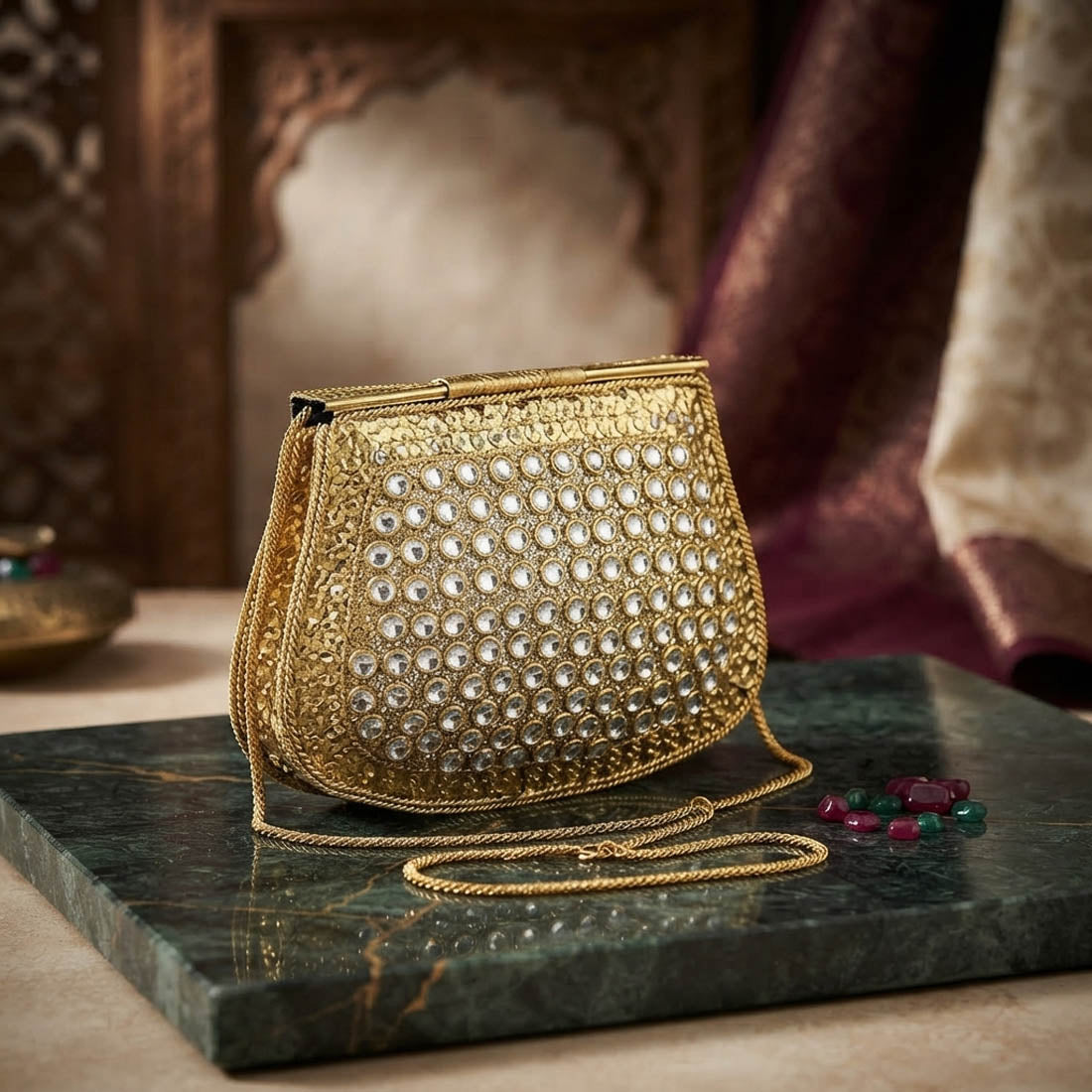 Handcrafted Traditional Gold Color Kundan Embossed Metal Golden Clutch Bag For Women
