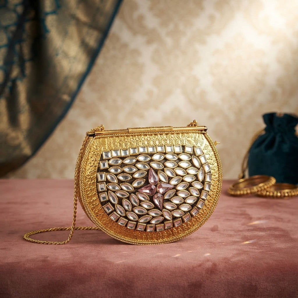 Intricate Artisan Gold Color Kundan Metal Handmade Golden Wedding Clutch Bag