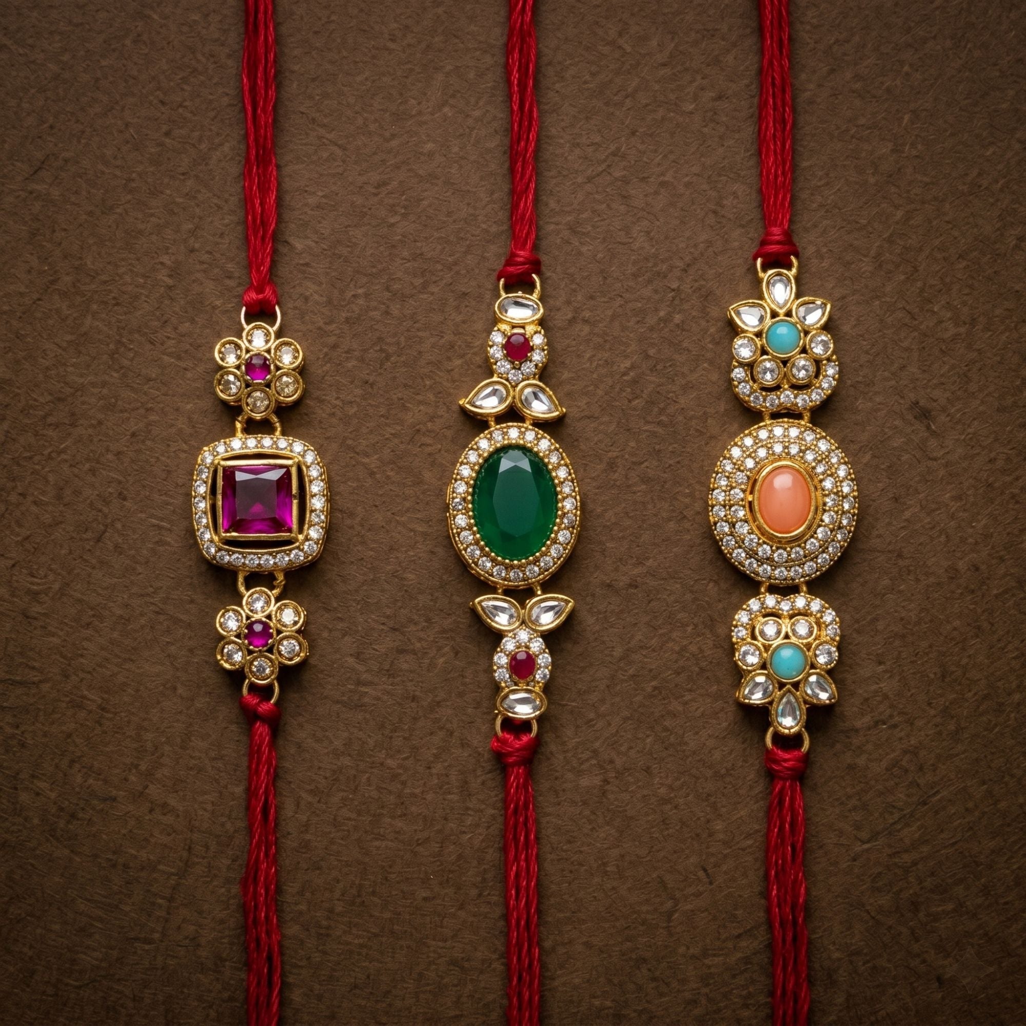 Multi Color Set of 3 Kundan Rakhis Traditional Design