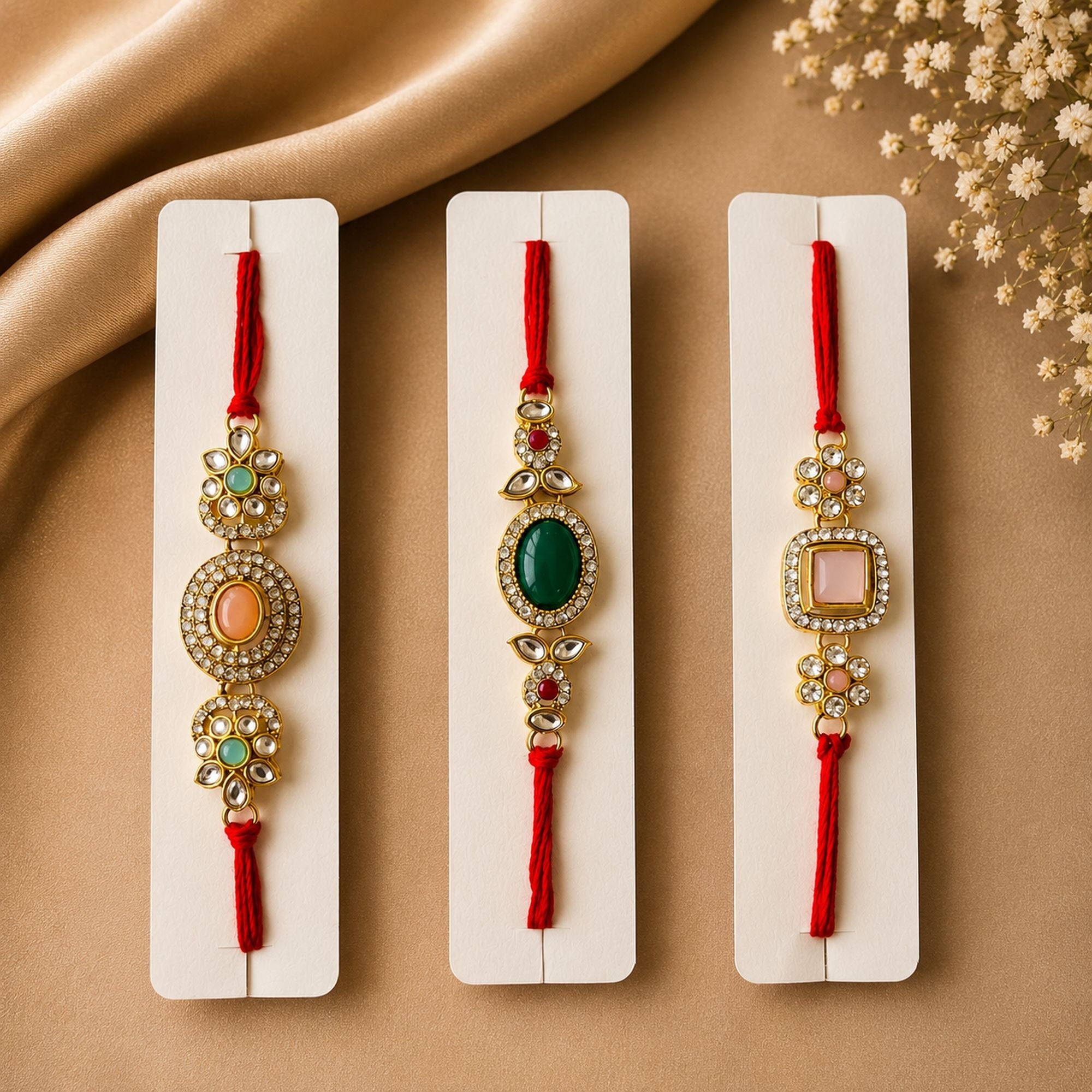Assorted Color Set of 3 Kundan Rakhis Handmade Style