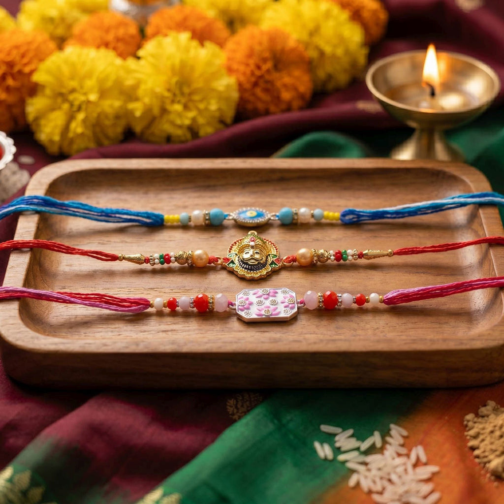 Multi Color Set of 3 Thread Rakhis Stylish Design