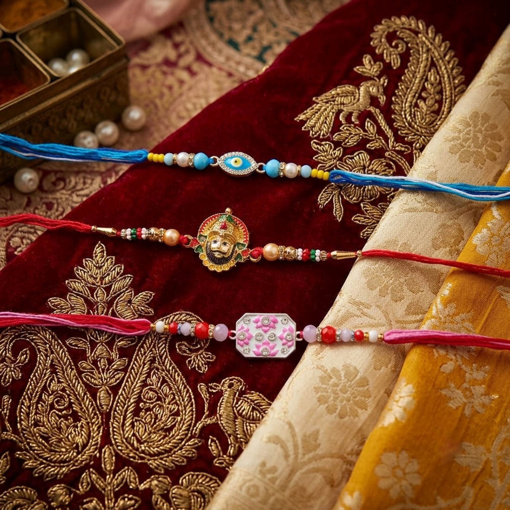 Multi Color Set of 3 Thread Rakhis Stylish Design