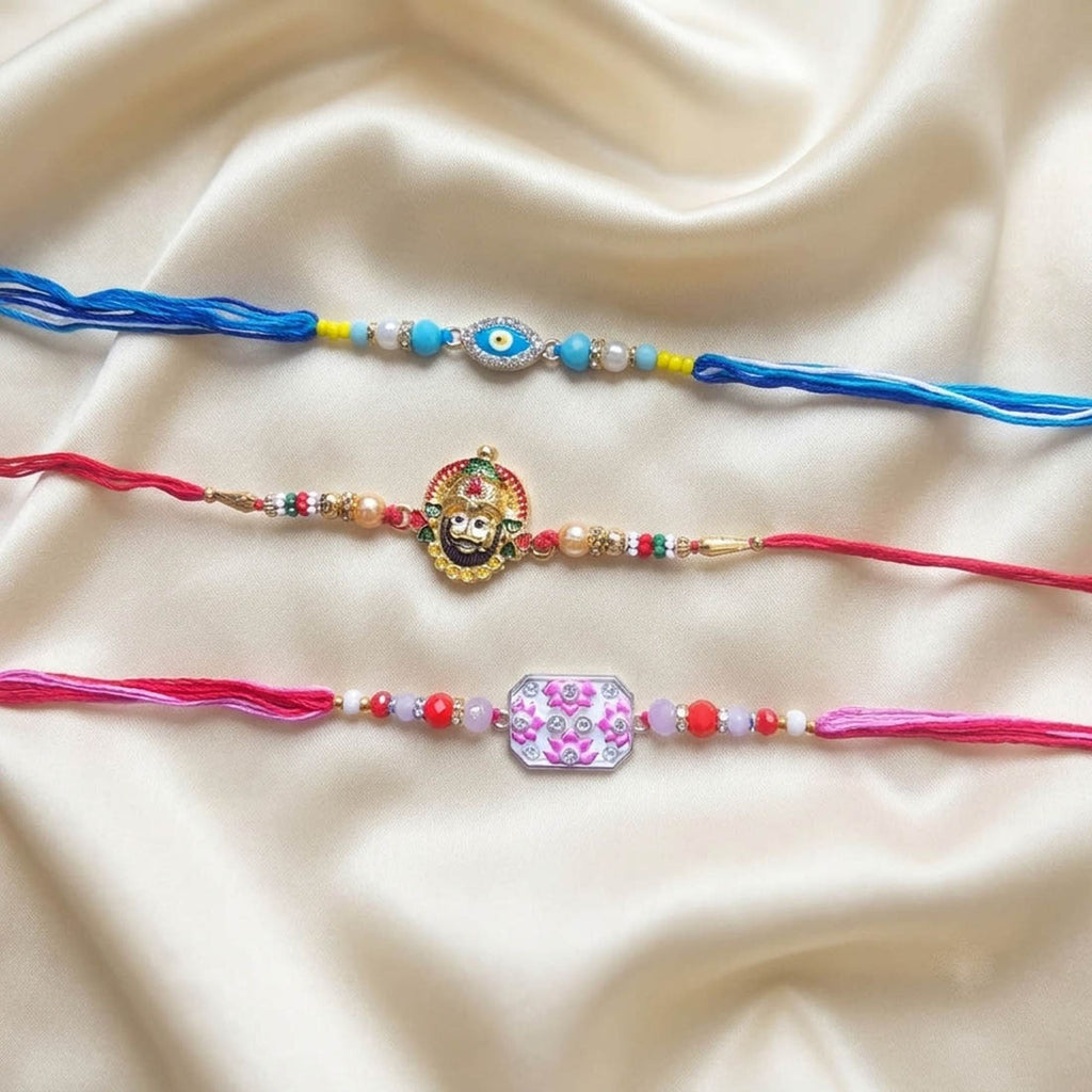 Multi Color Set of 3 Thread Rakhis Stylish Design