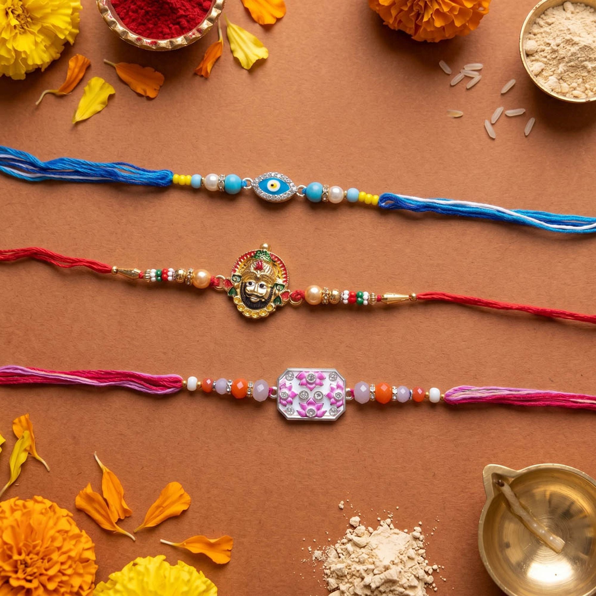 Multi Color Set of 3 Thread Rakhis Stylish Design