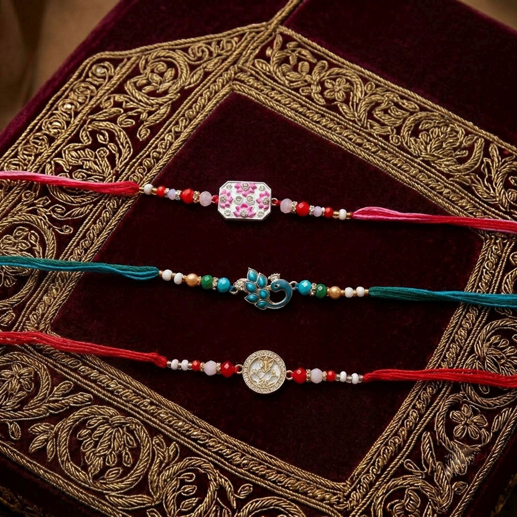 Multi Color Set of 3 Thread Rakhis Traditional Finish