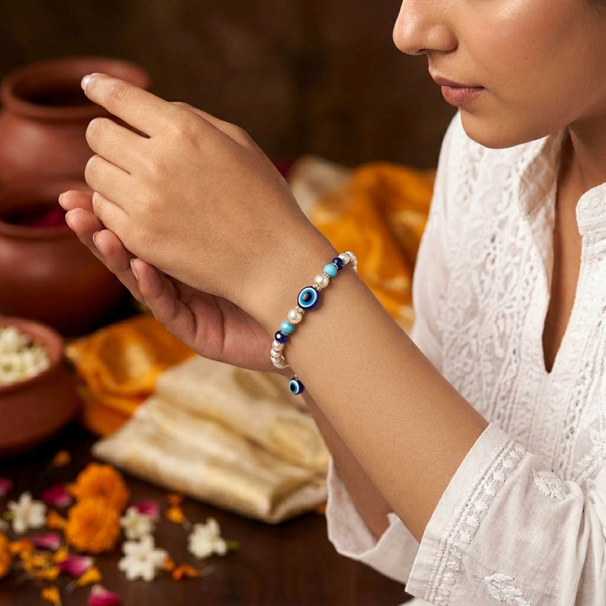 Blue & White Color Set of 12 Bracelet Rakhis Design