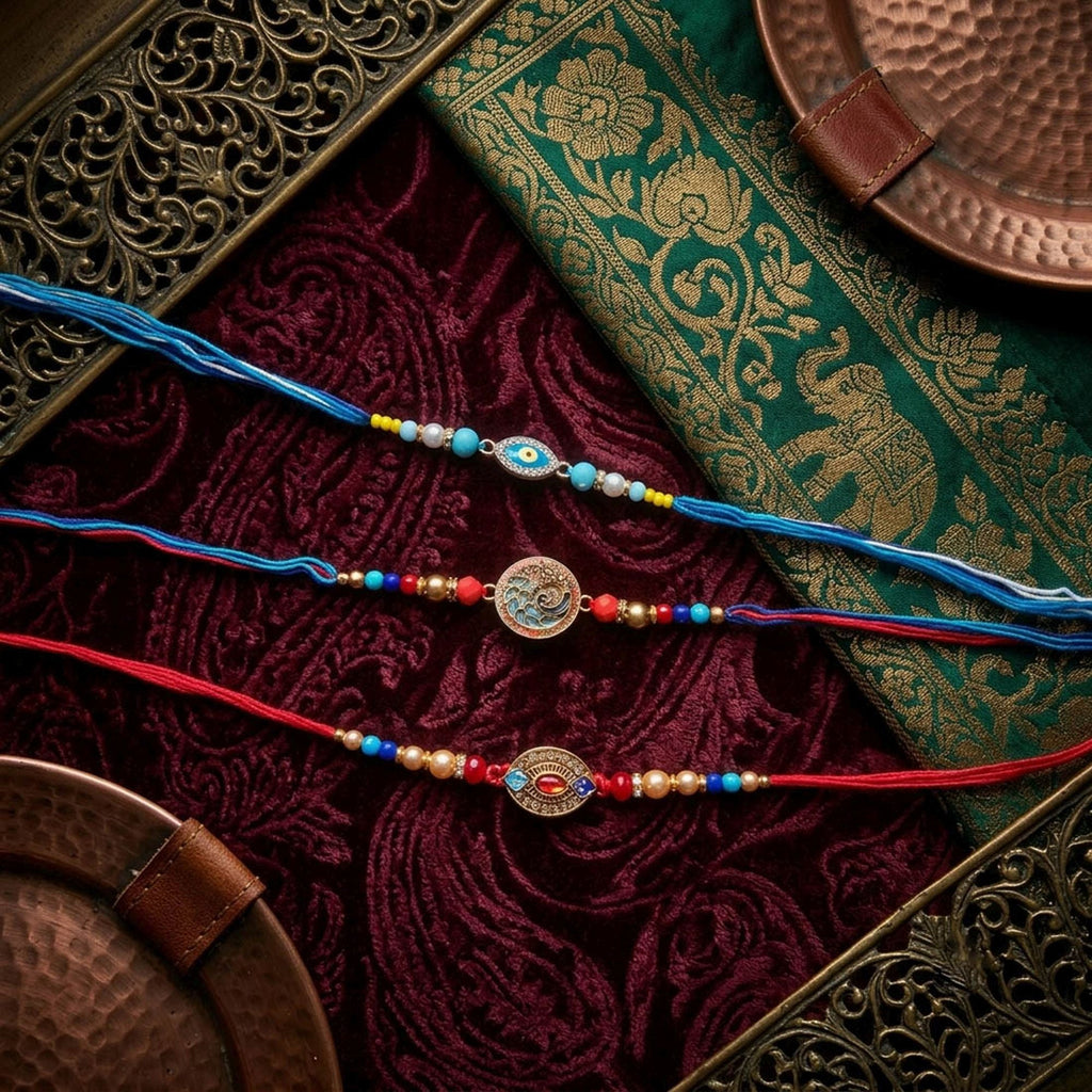Multi Color Set of 3 Thread Rakhis Handmade Design