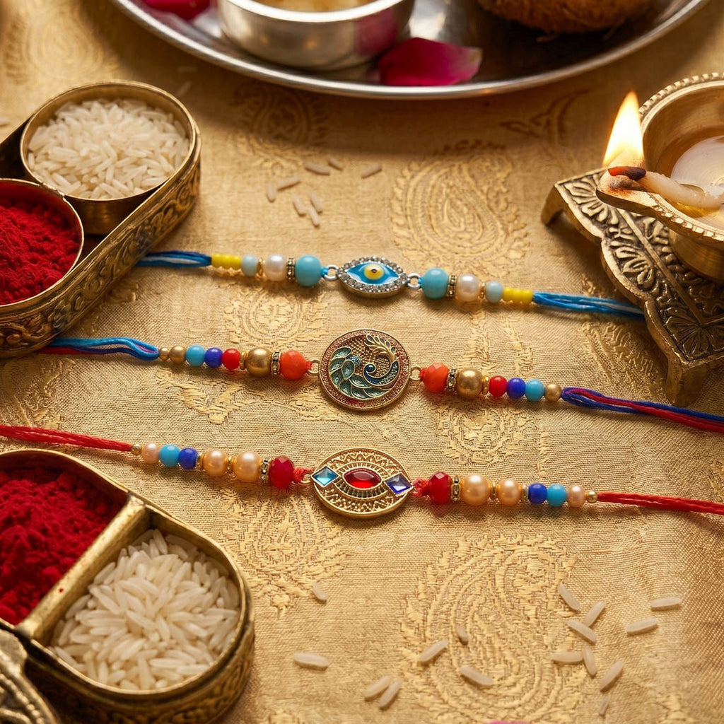 Multi Color Set of 3 Thread Rakhis Handmade Design