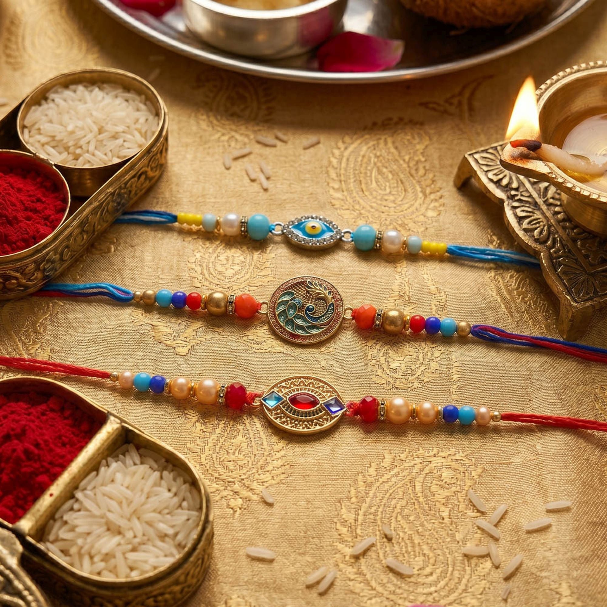 Multi Color Set of 3 Thread Rakhis Handmade Design