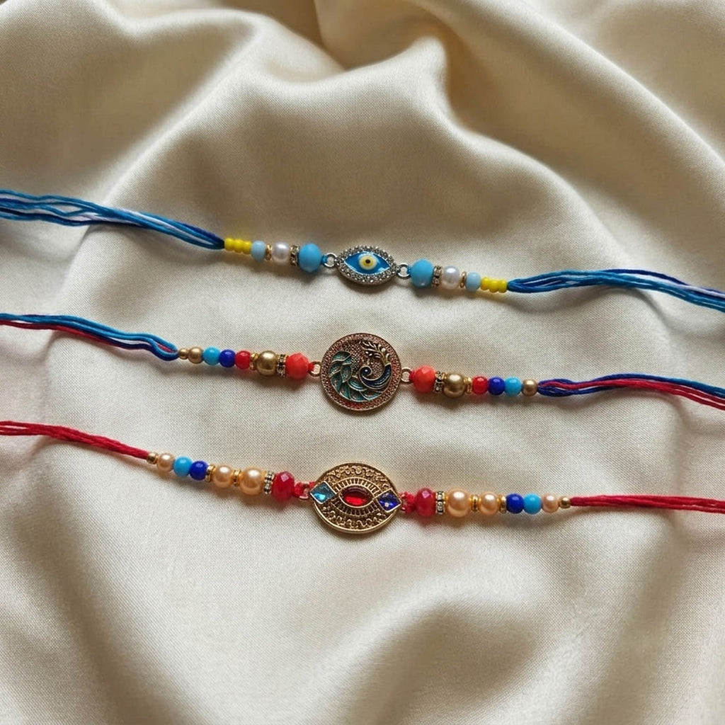 Multi Color Set of 3 Thread Rakhis Handmade Design