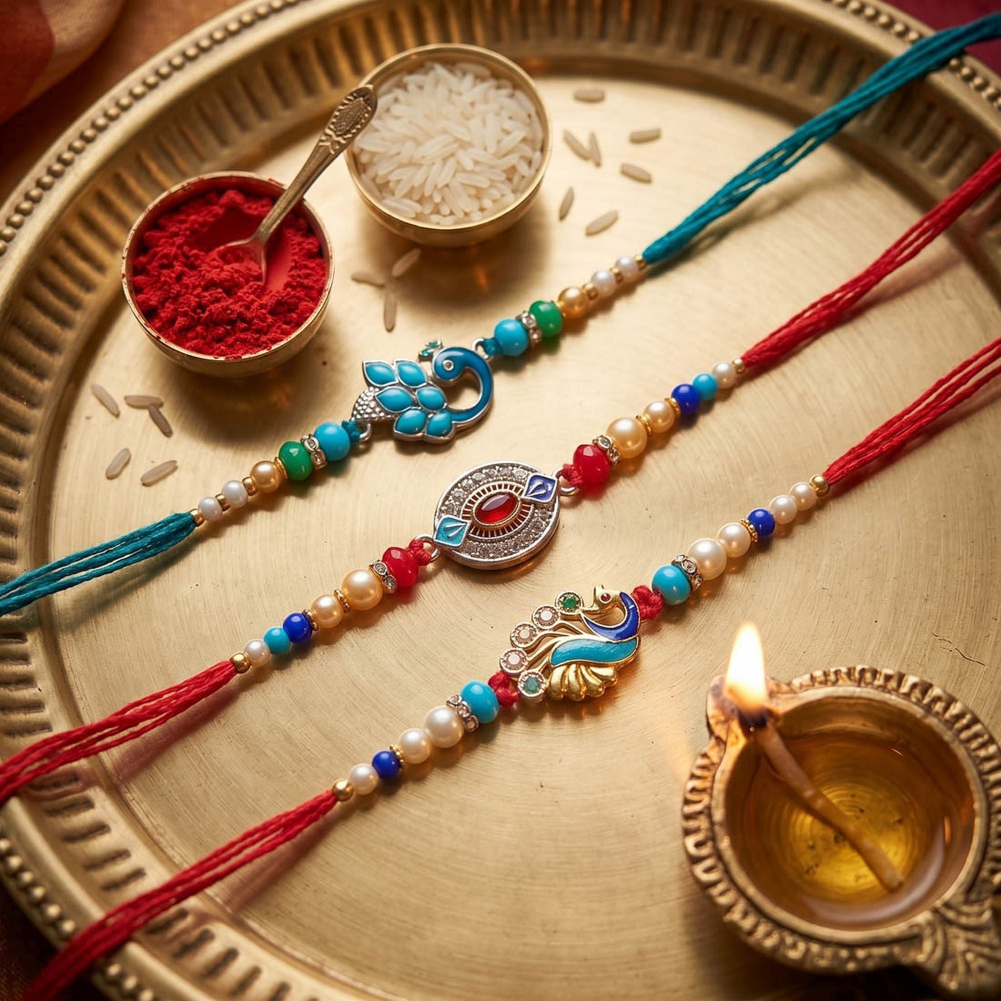 Multi Color Set of 3 Thread Rakhis Ethnic Style