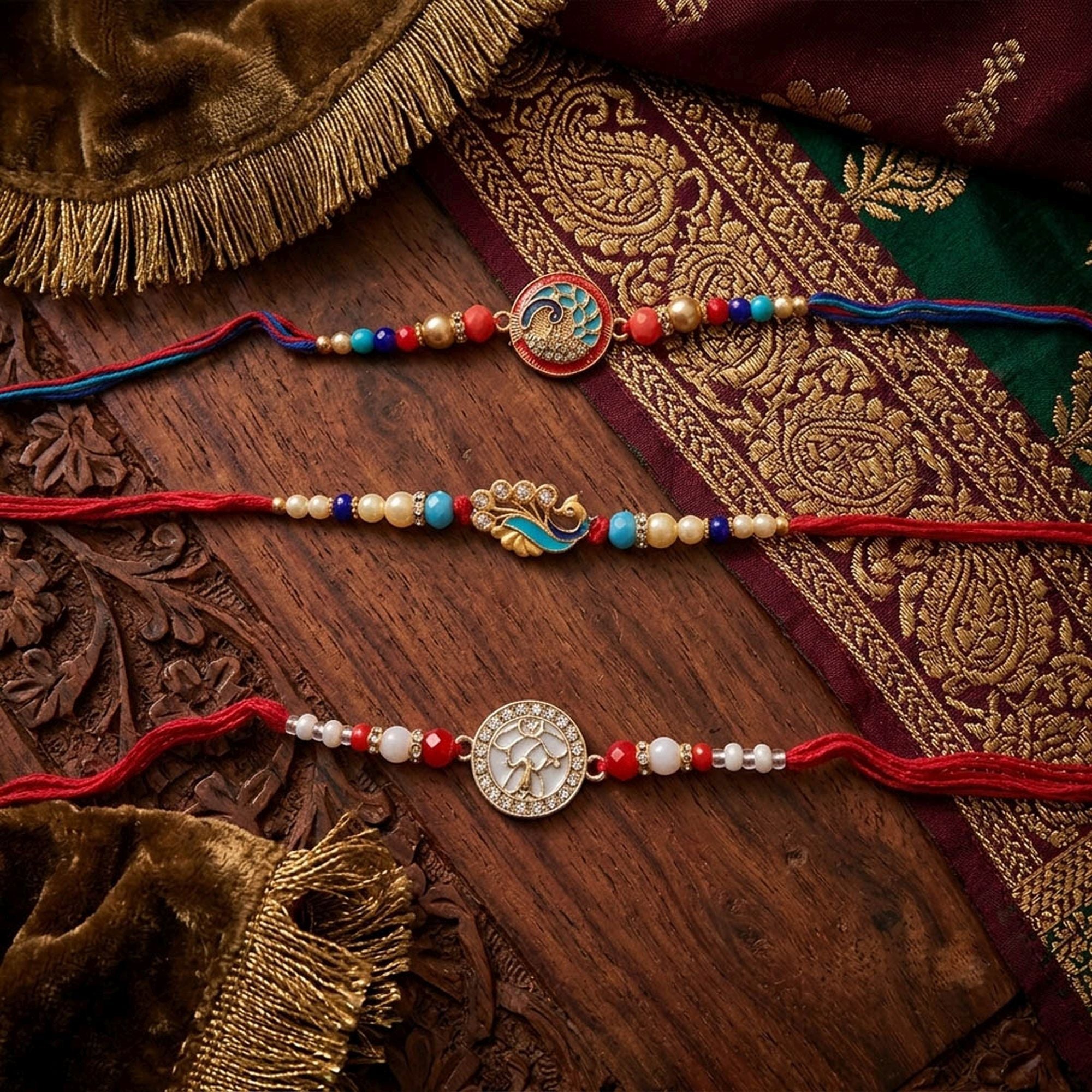 Multi Color Set of 3 Thread Rakhis Premium Finish
