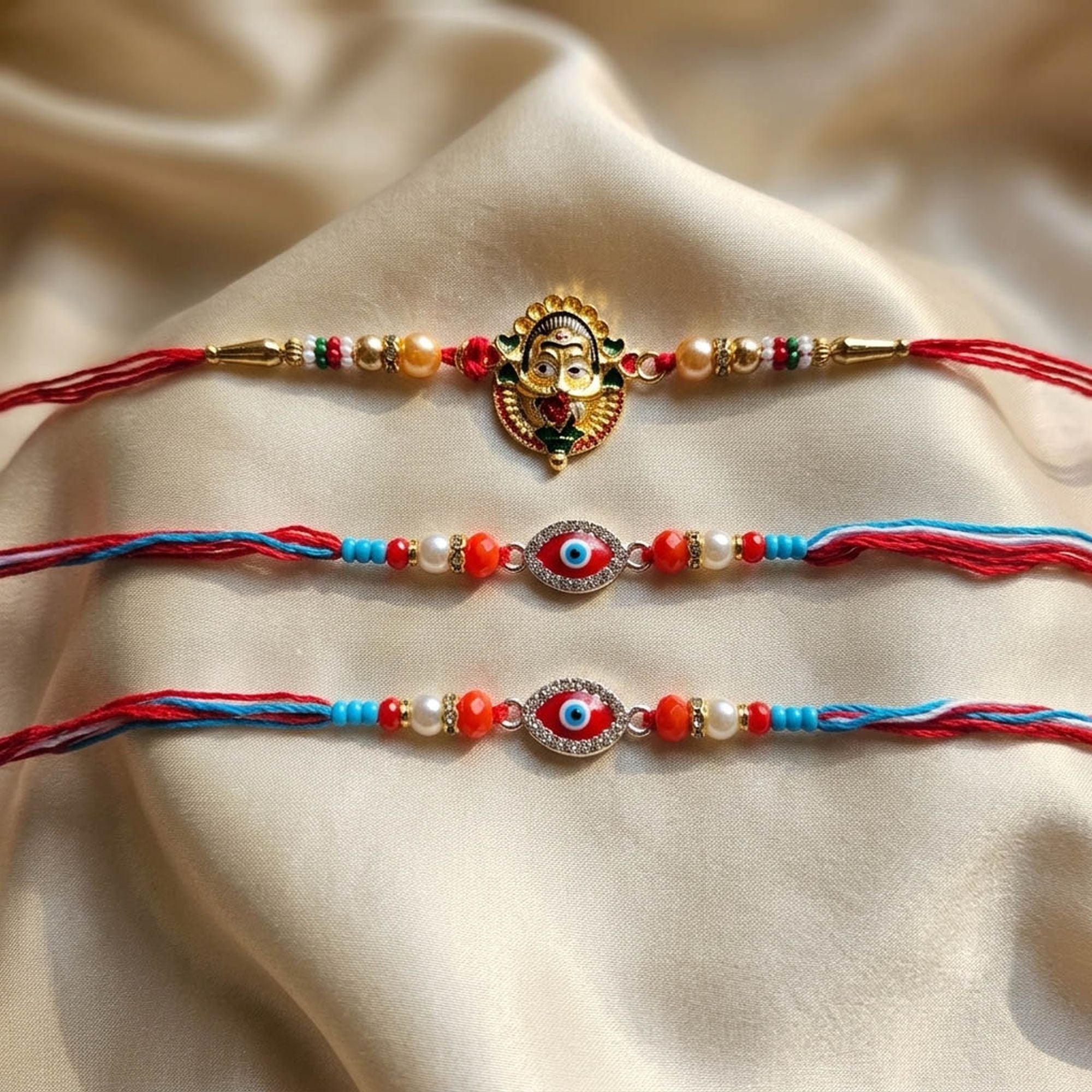 Multi Color Set of 3 Thread Rakhis Traditional Style