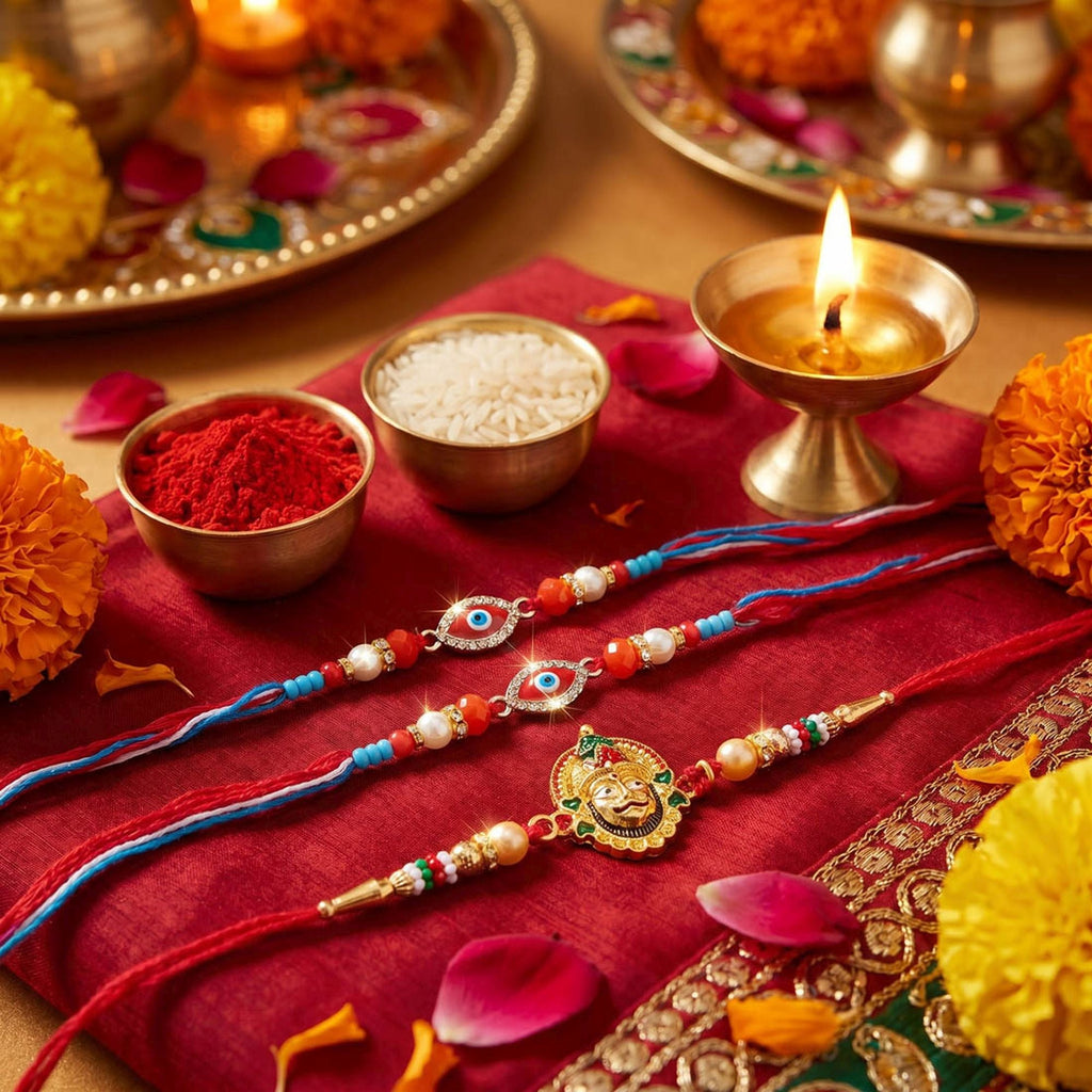 Multi Color Set of 3 Thread Rakhis Traditional Style
