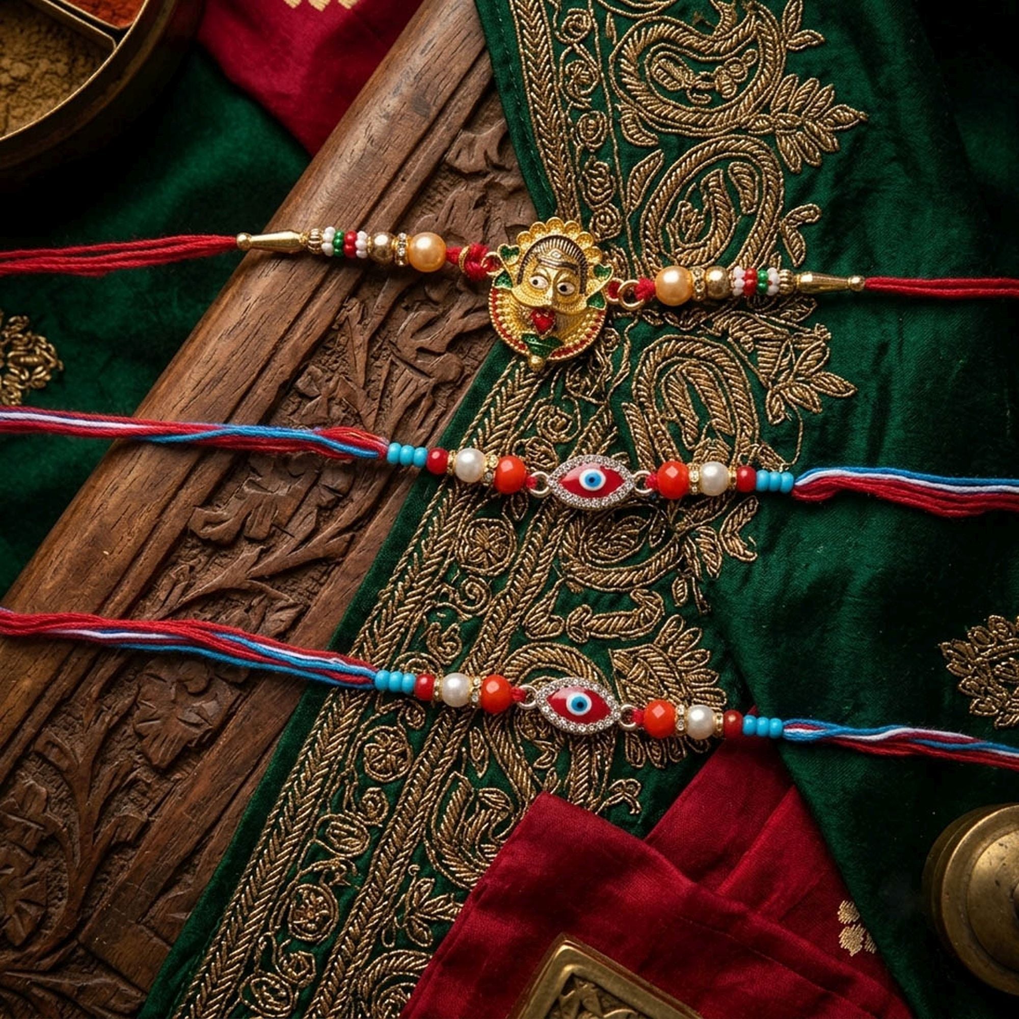 Multi Color Set of 3 Thread Rakhis Traditional Style