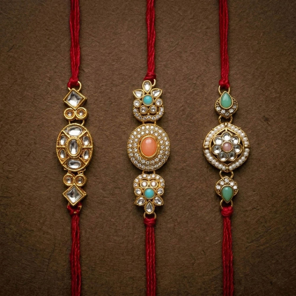 3 Pieces Combo Multi Color Kundan Rakhi Set