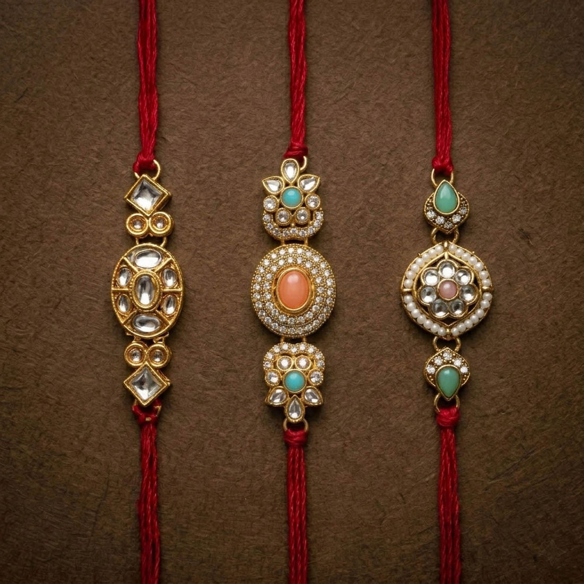 3 Pieces Combo Multi Color Kundan Rakhi Set