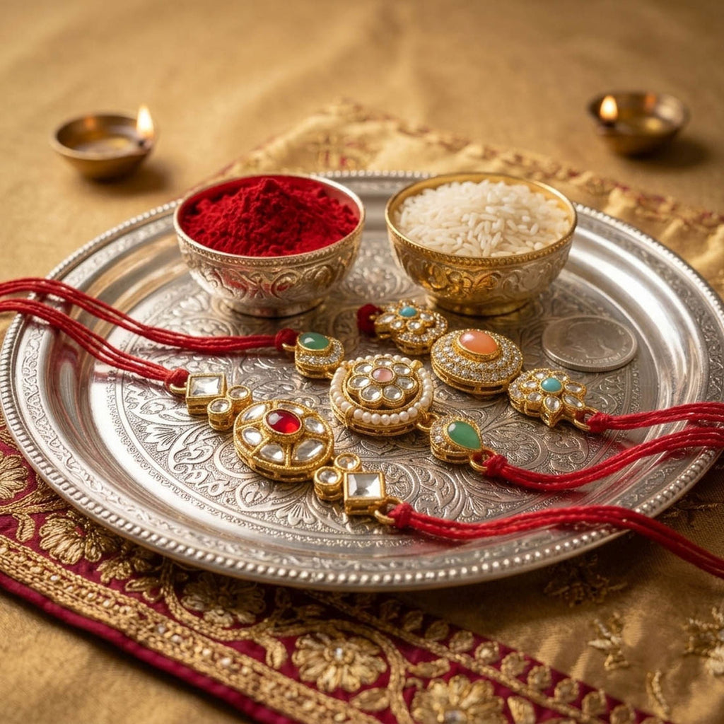3 Pieces Combo Multi Color Premium Kundan Rakhis